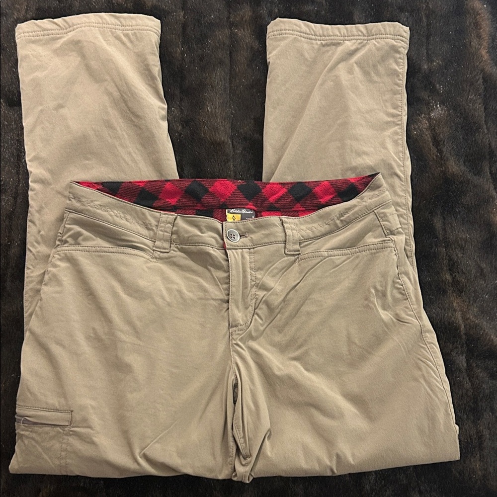 Eddie Bauer Beige Straight Leg Pants Red Buffalo Check Lined Size 8